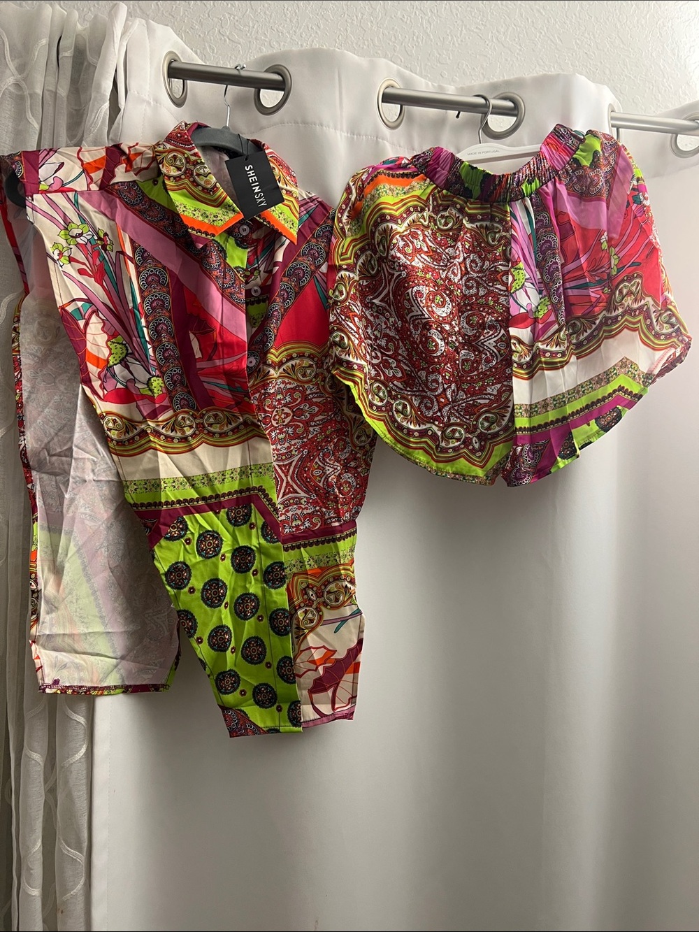 SHEIN Pink Green Multi-Print High Waist Shorts Set
